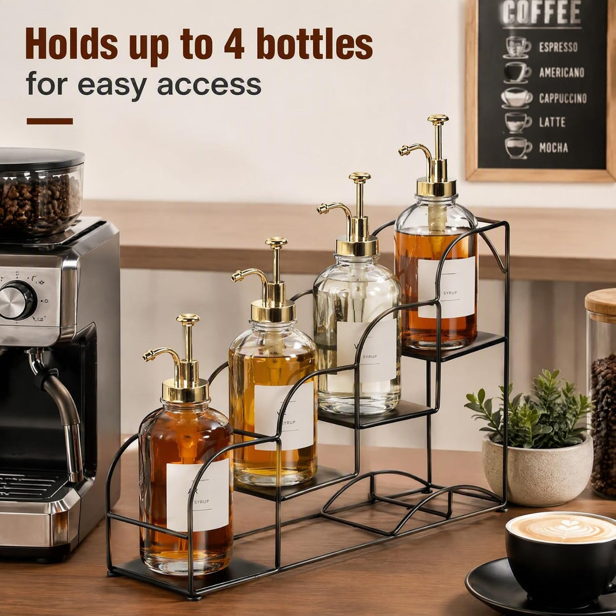 4-Tier Syrup Bottle Holder, Iron 4 Compartment Bottle Organizer Rack, 16" Countertop Display Storage Shelf Bottle Stand, Metal Coffee Bar Organizer for Dressing, Wine, Juice, Kitchen, Black