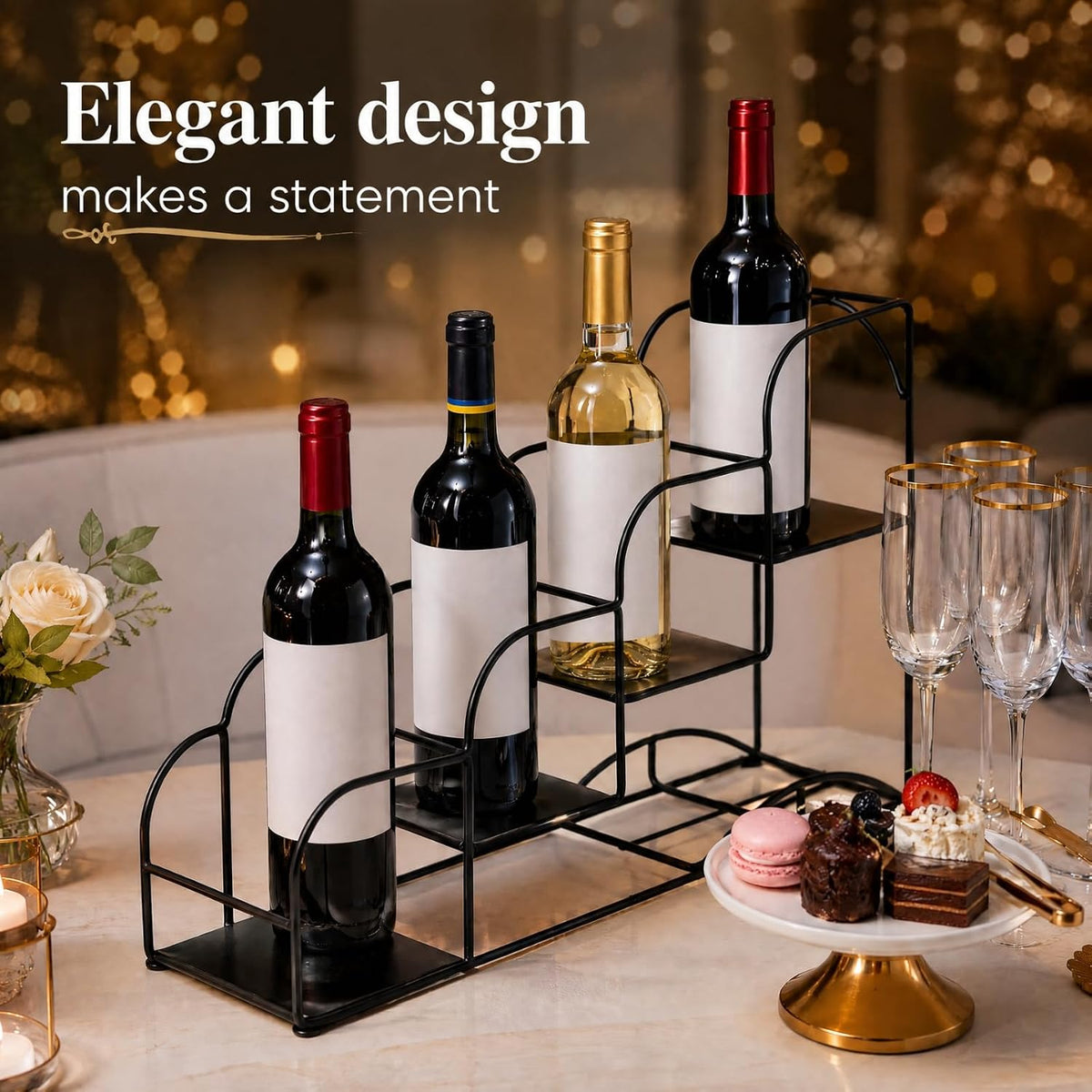 4-Tier Syrup Bottle Holder, Iron 4 Compartment Bottle Organizer Rack, 16" Countertop Display Storage Shelf Bottle Stand, Metal Coffee Bar Organizer for Dressing, Wine, Juice, Kitchen, Black