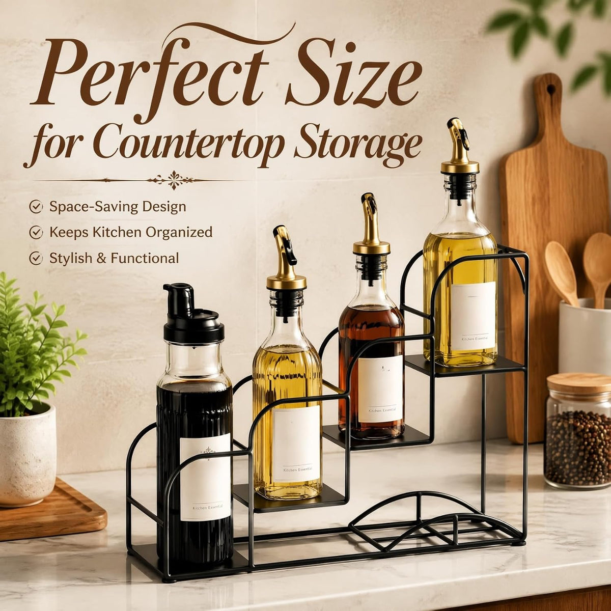 4-Tier Syrup Bottle Holder, Iron 4 Compartment Bottle Organizer Rack, 16" Countertop Display Storage Shelf Bottle Stand, Metal Coffee Bar Organizer for Dressing, Wine, Juice, Kitchen, Black