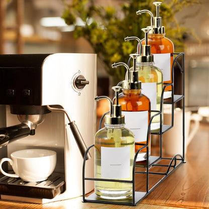 4-Tier Syrup Bottle Holder, Iron 4 Compartment Bottle Organizer Rack, 16" Countertop Display Storage Shelf Bottle Stand, Metal Coffee Bar Organizer for Dressing, Wine, Juice, Kitchen, Black