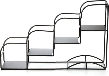 4-Tier Syrup Bottle Holder, Iron 4 Compartment Bottle Organizer Rack, 16" Countertop Display Storage Shelf Bottle Stand, Metal Coffee Bar Organizer for Dressing, Wine, Juice, Kitchen, Black