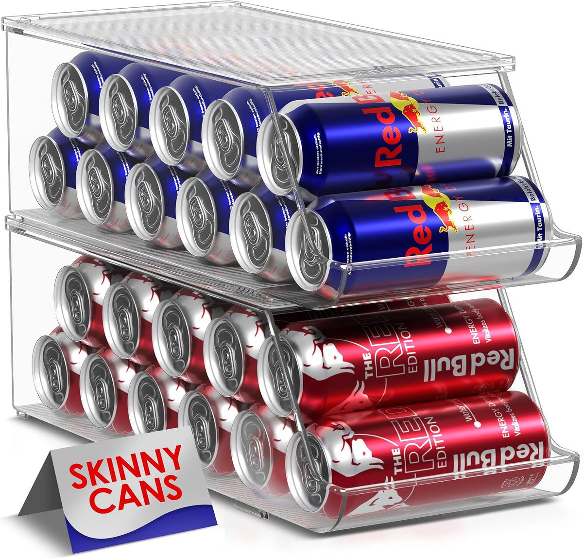 Clear Skinny Can Organizer for Fridge, Stackable with Lids