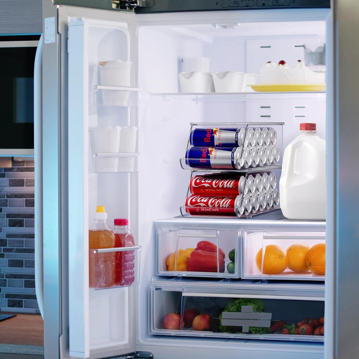 Clear Skinny Can Organizer for Fridge, Stackable with Lids