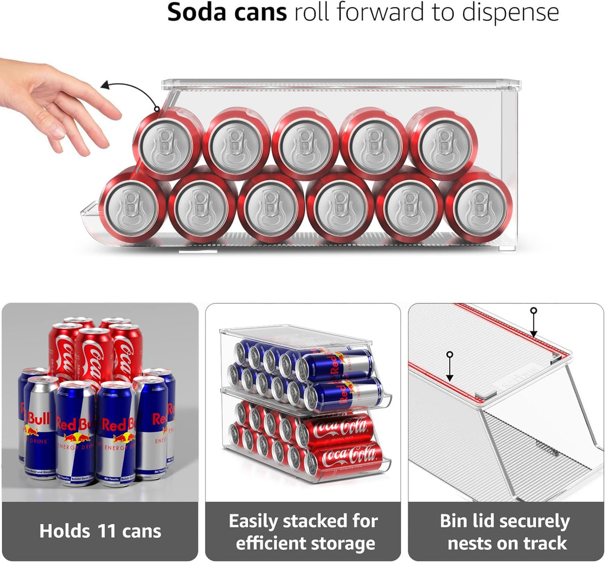 Clear Skinny Can Organizer for Fridge, Stackable with Lids