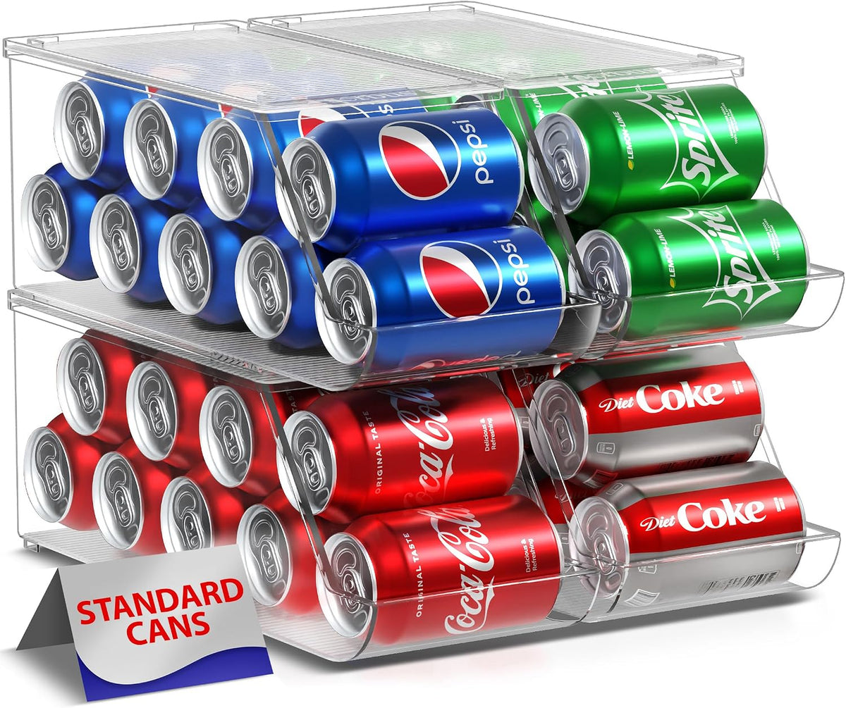 Clear Skinny Can Organizer for Fridge, Stackable with Lids