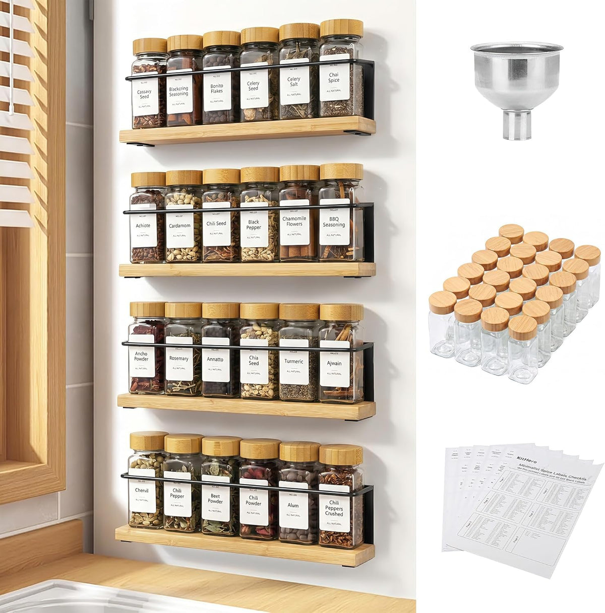 Magnetic Spice Rack with 24 Jars, 216 Labels, 1 Steel Funnel for Refrigerator，Microwave Oven - Full Set of Spice Organizer