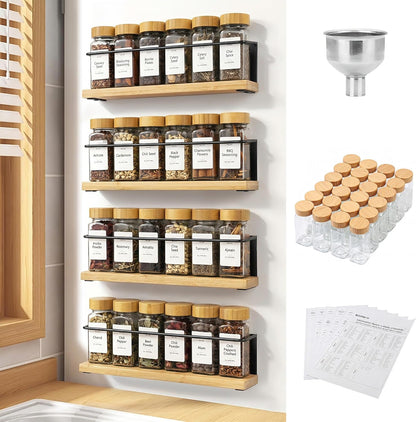Magnetic Spice Rack with 24 Jars, 216 Labels, 1 Steel Funnel for Refrigerator，Microwave Oven - Full Set of Spice Organizer