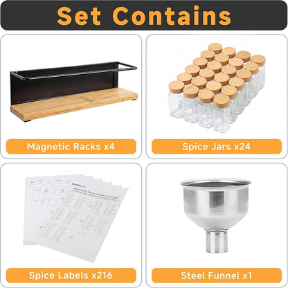 Magnetic Spice Rack with 24 Jars, 216 Labels, 1 Steel Funnel for Refrigerator，Microwave Oven - Full Set of Spice Organizer