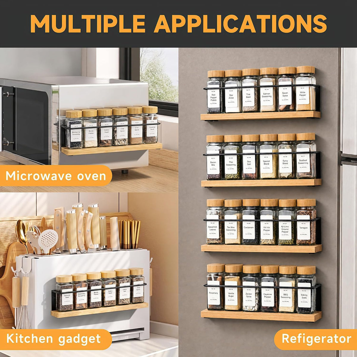 Magnetic Spice Rack with 24 Jars, 216 Labels, 1 Steel Funnel for Refrigerator，Microwave Oven - Full Set of Spice Organizer