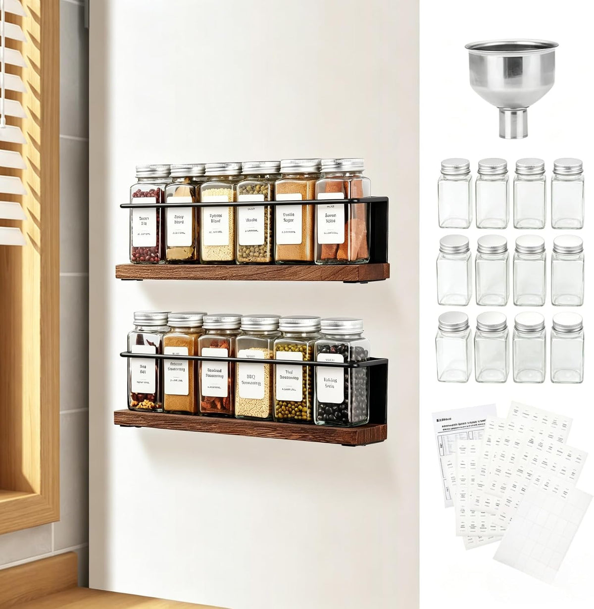 Magnetic Spice Rack with 24 Jars, 216 Labels, 1 Steel Funnel for Refrigerator，Microwave Oven - Full Set of Spice Organizer