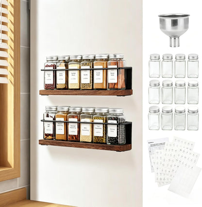 Magnetic Spice Rack with 24 Jars, 216 Labels, 1 Steel Funnel for Refrigerator，Microwave Oven - Full Set of Spice Organizer