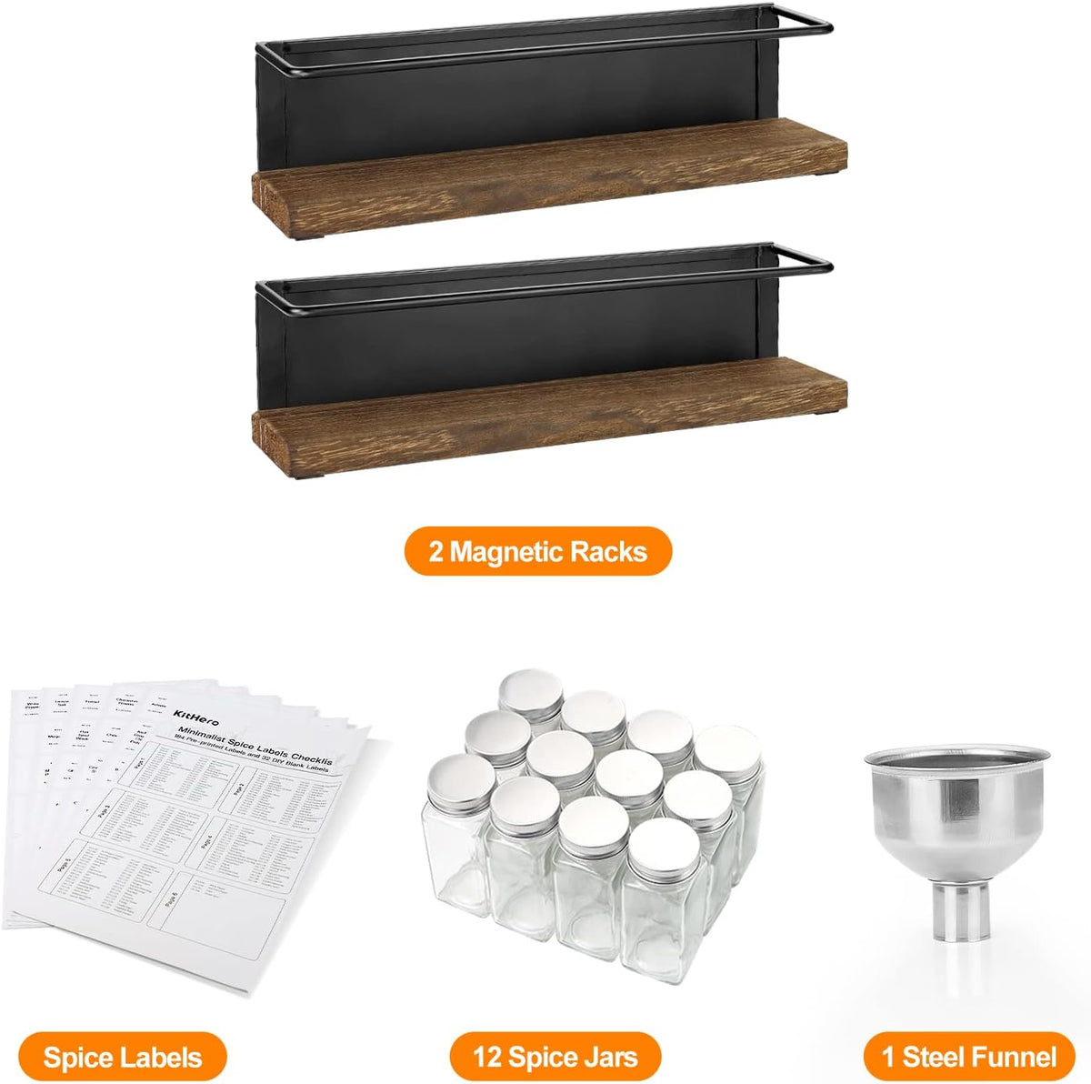 Magnetic Spice Rack with 24 Jars, 216 Labels, 1 Steel Funnel for Refrigerator，Microwave Oven - Full Set of Spice Organizer