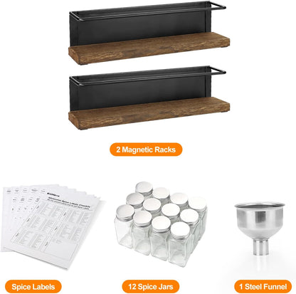 Magnetic Spice Rack with 24 Jars, 216 Labels, 1 Steel Funnel for Refrigerator，Microwave Oven - Full Set of Spice Organizer
