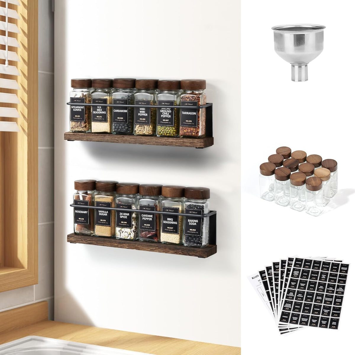 Magnetic Spice Rack with 24 Jars, 216 Labels, 1 Steel Funnel for Refrigerator，Microwave Oven - Full Set of Spice Organizer