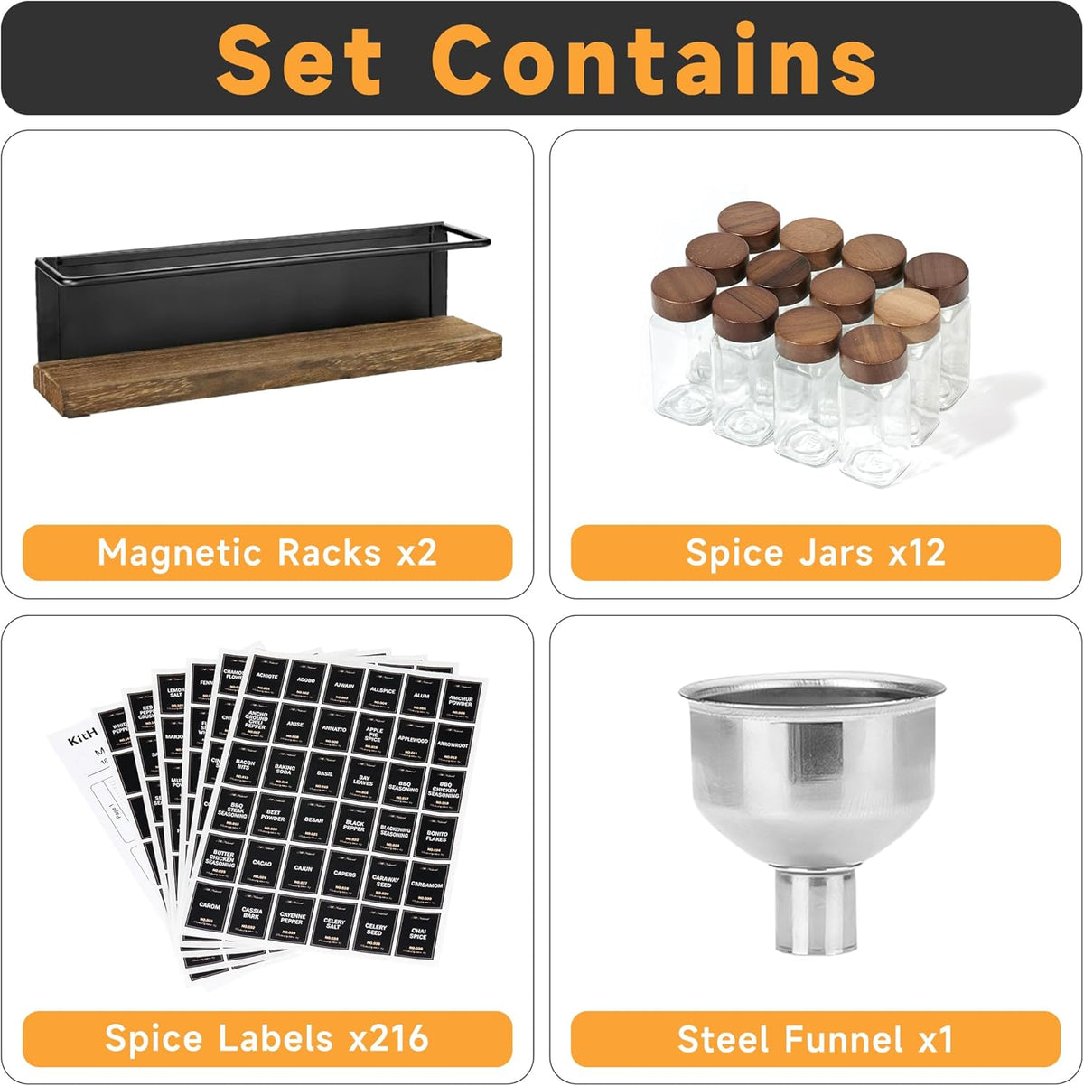 Magnetic Spice Rack with 24 Jars, 216 Labels, 1 Steel Funnel for Refrigerator，Microwave Oven - Full Set of Spice Organizer
