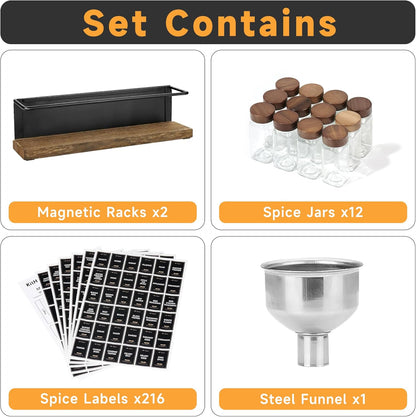 Magnetic Spice Rack with 24 Jars, 216 Labels, 1 Steel Funnel for Refrigerator，Microwave Oven - Full Set of Spice Organizer