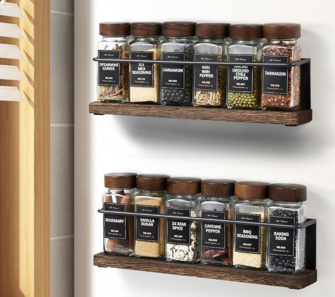 Magnetic Spice Rack with 24 Jars, 216 Labels, 1 Steel Funnel for Refrigerator，Microwave Oven - Full Set of Spice Organizer