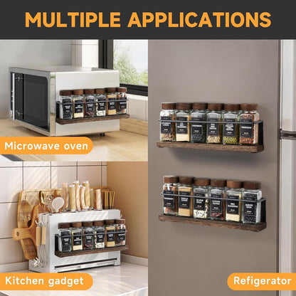 Magnetic Spice Rack with 24 Jars, 216 Labels, 1 Steel Funnel for Refrigerator，Microwave Oven - Full Set of Spice Organizer