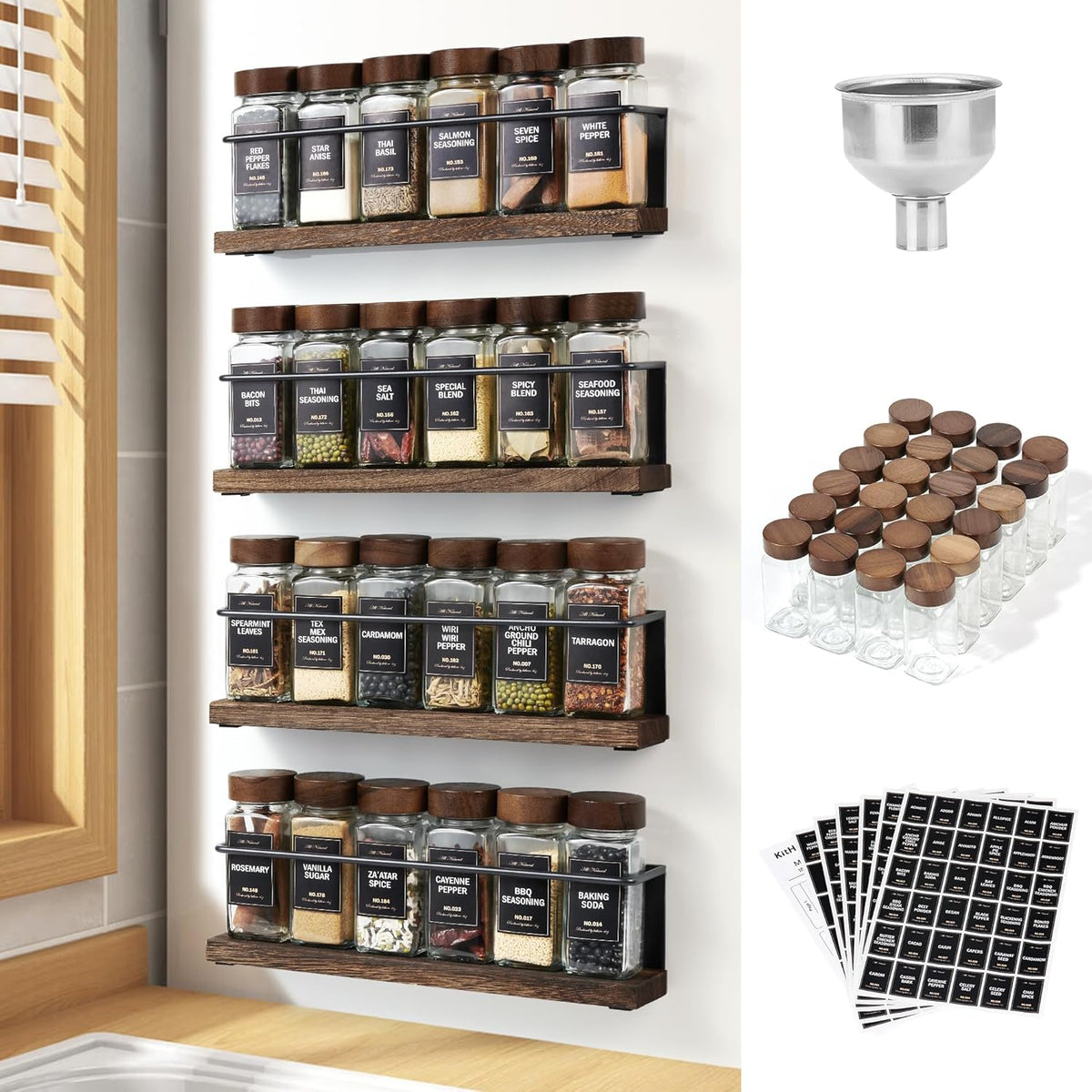 Magnetic Spice Rack with 24 Jars, 216 Labels, 1 Steel Funnel for Refrigerator，Microwave Oven - Full Set of Spice Organizer