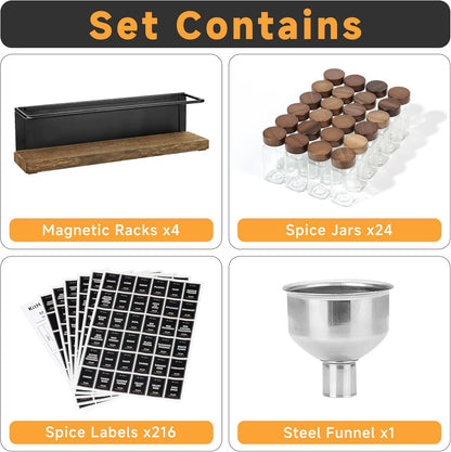 Magnetic Spice Rack with 24 Jars, 216 Labels, 1 Steel Funnel for Refrigerator，Microwave Oven - Full Set of Spice Organizer