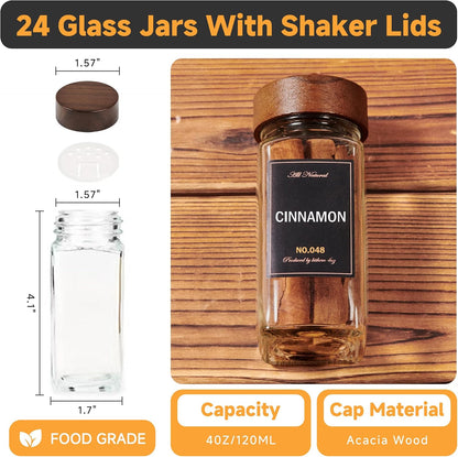 Magnetic Spice Rack with 24 Jars, 216 Labels, 1 Steel Funnel for Refrigerator，Microwave Oven - Full Set of Spice Organizer