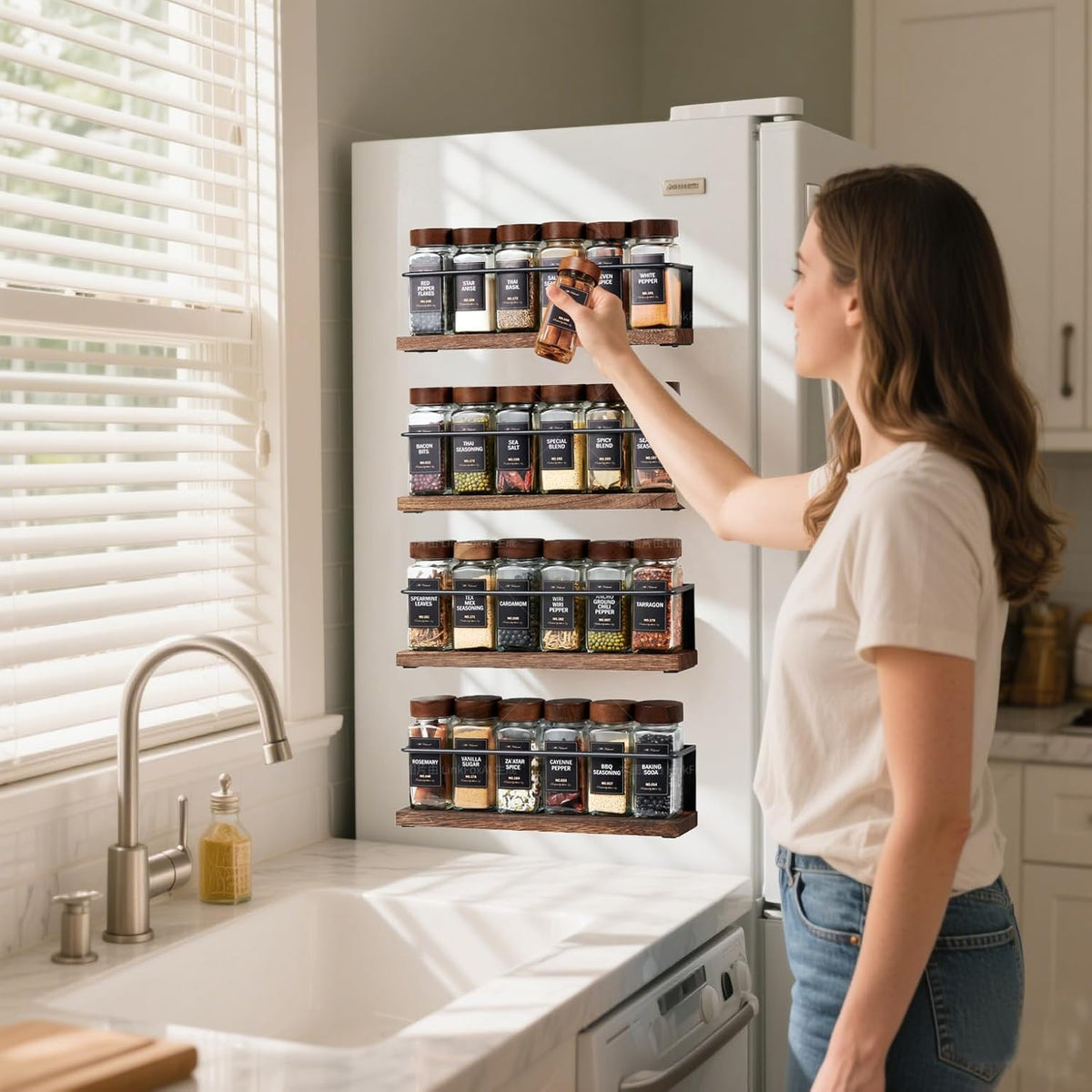 Magnetic Spice Rack with 24 Jars, 216 Labels, 1 Steel Funnel for Refrigerator，Microwave Oven - Full Set of Spice Organizer