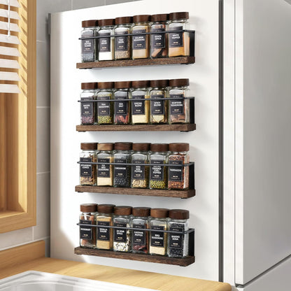 Magnetic Spice Rack with 24 Jars, 216 Labels, 1 Steel Funnel for Refrigerator，Microwave Oven - Full Set of Spice Organizer