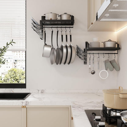 Pot Racks Wall Mounted Set of 2,with Towel Bar and Pots Pans Lids Organizer, Kitchen Cookware Hanging Shelves with 12 Hooks, Black