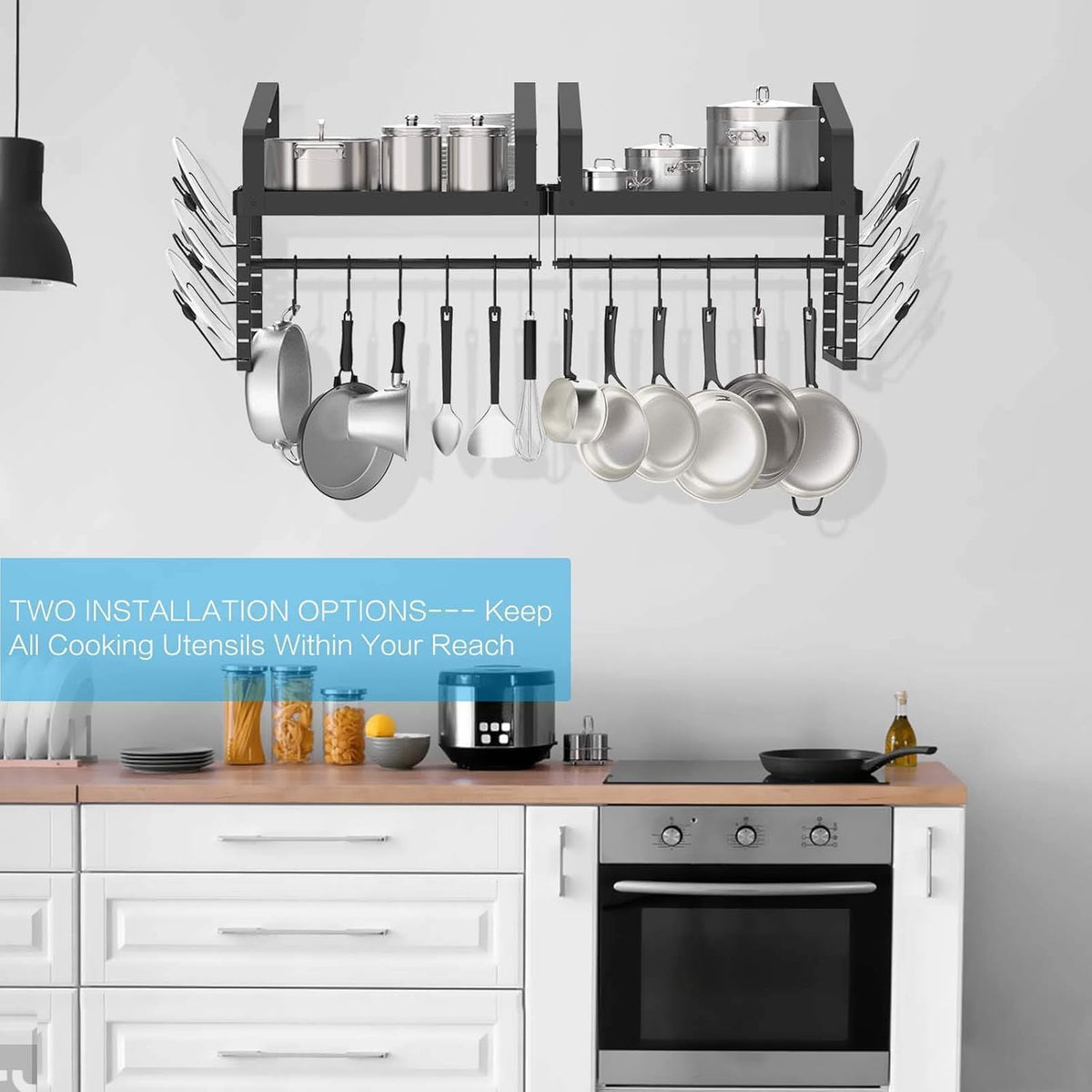 Pot Racks Wall Mounted Set of 2,with Towel Bar and Pots Pans Lids Organizer, Kitchen Cookware Hanging Shelves with 12 Hooks, Black