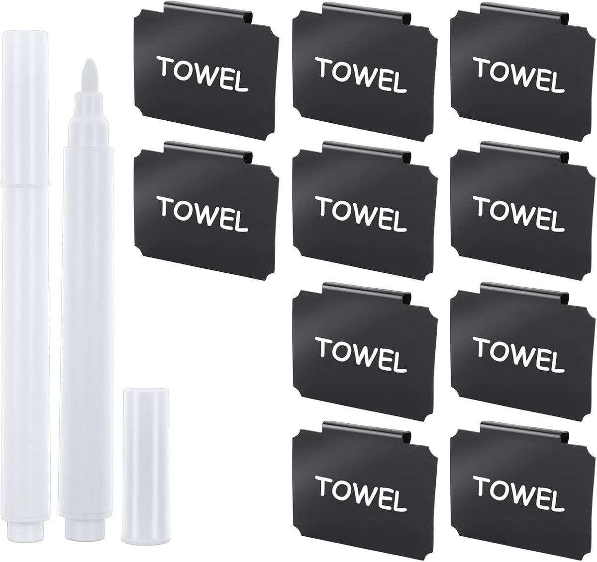 12 Pieces Basket Labels Clip on Set, Include 10 Pieces Kitchen Clip Label Holder Removable Pantry Basket Labels with 2 Pieces Black Chalk Marker for Storage Bins Organization Box (White)