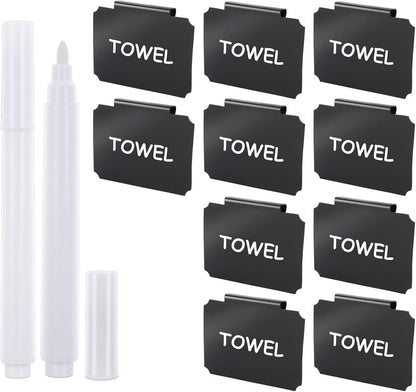 12 Pieces Basket Labels Clip on Set, Include 10 Pieces Kitchen Clip Label Holder Removable Pantry Basket Labels with 2 Pieces Black Chalk Marker for Storage Bins Organization Box (White)