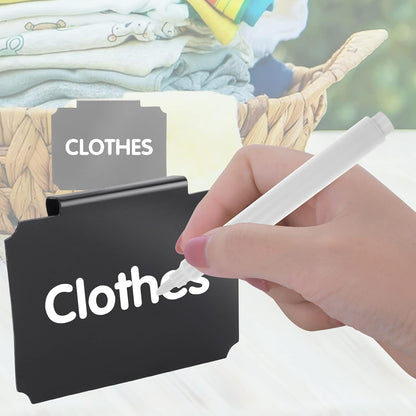 12 Pieces Basket Labels Clip on Set, Include 10 Pieces Kitchen Clip Label Holder Removable Pantry Basket Labels with 2 Pieces Black Chalk Marker for Storage Bins Organization Box (White)