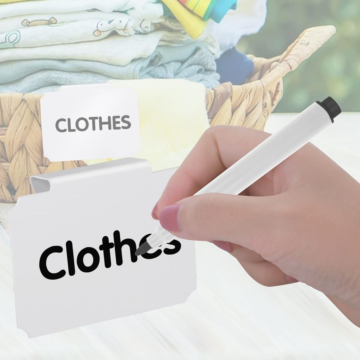 12 Pieces Basket Labels Clip on Set, Include 10 Pieces Kitchen Clip Label Holder Removable Pantry Basket Labels with 2 Pieces Black Chalk Marker for Storage Bins Organization Box (White)