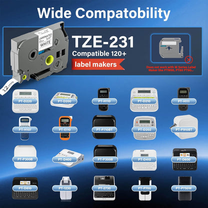 TZE-231 Label Maker Tape 12mm 0.47 Laminated Black on White Replacement for TZ TZE TZE231 1/2" x 8m Tape Cassette for Ptouch PT-D220 PTD220 D220 PT-D210 PTD210 PT-H110 PT-D200 PT-D400 D410 (5 Packs)