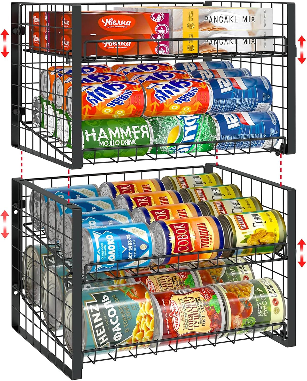 2-Tier Stackable Rack Organizer for Pantry, Adjustable Dispenser Holds Up to 120 Cans, Storage Holder for Various Ounces of Canned Drinks, Black
