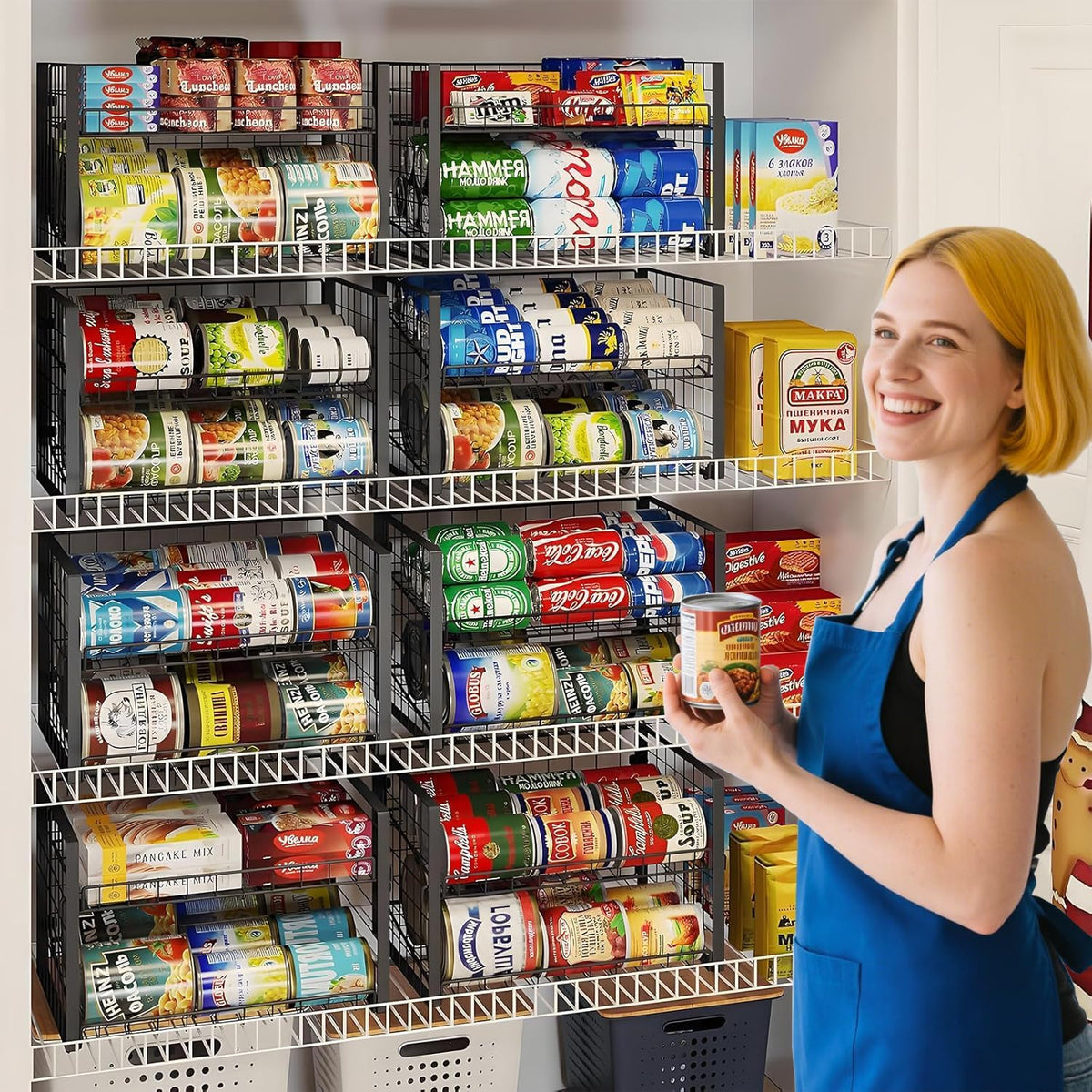 2-Tier Stackable Rack Organizer for Pantry, Adjustable Dispenser Holds Up to 120 Cans, Storage Holder for Various Ounces of Canned Drinks, Black