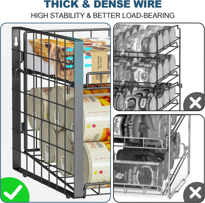 2-Tier Stackable Rack Organizer for Pantry, Adjustable Dispenser Holds Up to 120 Cans, Storage Holder for Various Ounces of Canned Drinks, Black