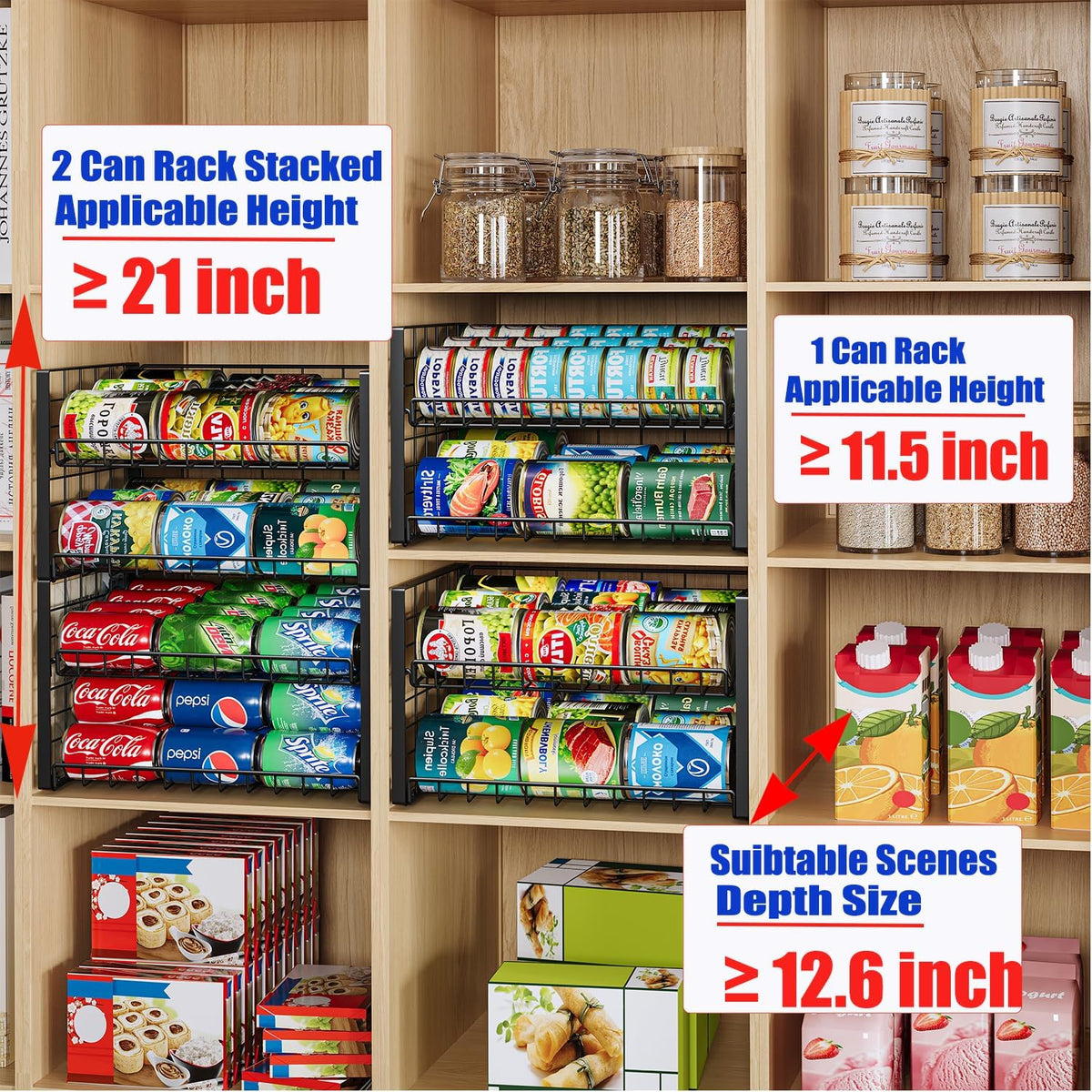 2-Tier Stackable Rack Organizer for Pantry, Adjustable Dispenser Holds Up to 120 Cans, Storage Holder for Various Ounces of Canned Drinks, Black