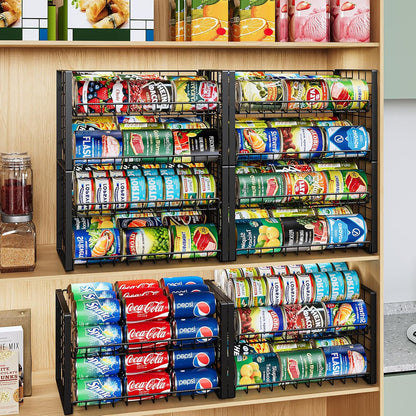 2-Tier Stackable Rack Organizer for Pantry, Adjustable Dispenser Holds Up to 120 Cans, Storage Holder for Various Ounces of Canned Drinks, Black
