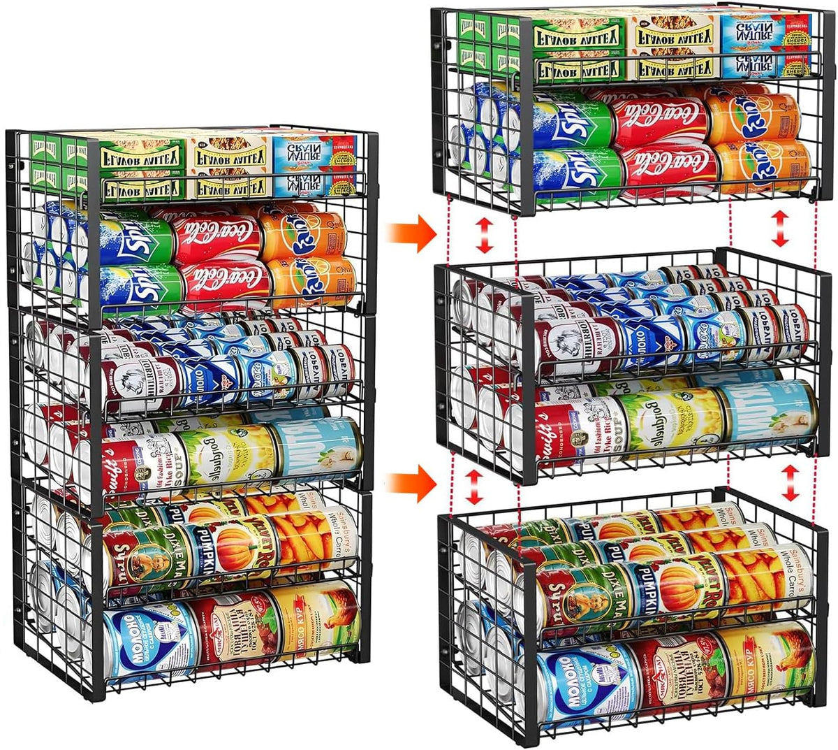2-Tier Stackable Rack Organizer for Pantry, Adjustable Dispenser Holds Up to 120 Cans, Storage Holder for Various Ounces of Canned Drinks, Black