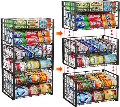 2-Tier Stackable Rack Organizer for Pantry, Adjustable Dispenser Holds Up to 120 Cans, Storage Holder for Various Ounces of Canned Drinks, Black