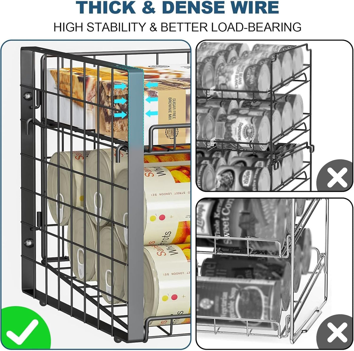 2-Tier Stackable Rack Organizer for Pantry, Adjustable Dispenser Holds Up to 120 Cans, Storage Holder for Various Ounces of Canned Drinks, Black
