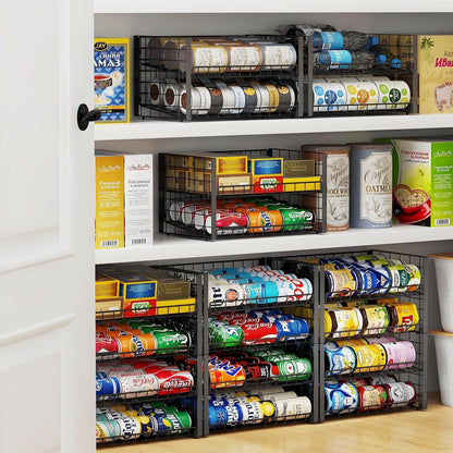 2-Tier Stackable Rack Organizer for Pantry, Adjustable Dispenser Holds Up to 120 Cans, Storage Holder for Various Ounces of Canned Drinks, Black