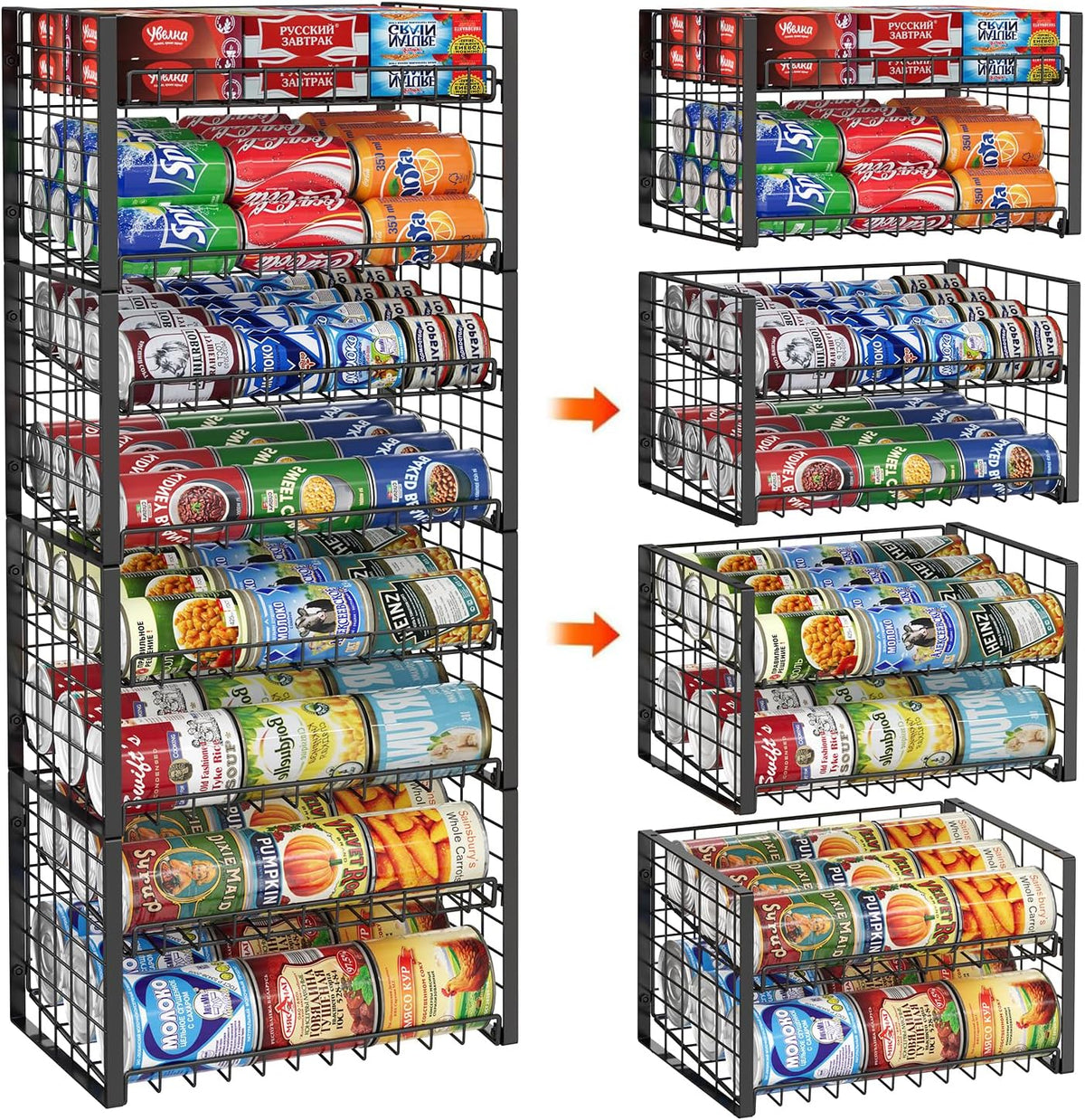 2-Tier Stackable Rack Organizer for Pantry, Adjustable Dispenser Holds Up to 120 Cans, Storage Holder for Various Ounces of Canned Drinks, Black