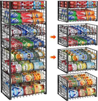 2-Tier Stackable Rack Organizer for Pantry, Adjustable Dispenser Holds Up to 120 Cans, Storage Holder for Various Ounces of Canned Drinks, Black