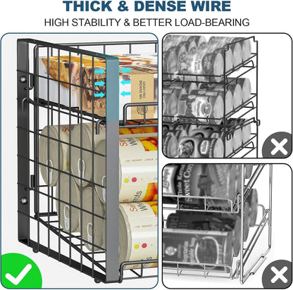 2-Tier Stackable Rack Organizer for Pantry, Adjustable Dispenser Holds Up to 120 Cans, Storage Holder for Various Ounces of Canned Drinks, Black