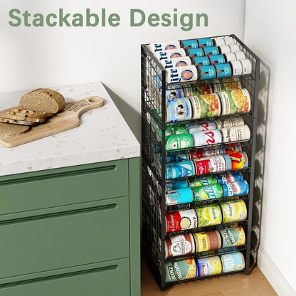 2-Tier Stackable Rack Organizer for Pantry, Adjustable Dispenser Holds Up to 120 Cans, Storage Holder for Various Ounces of Canned Drinks, Black