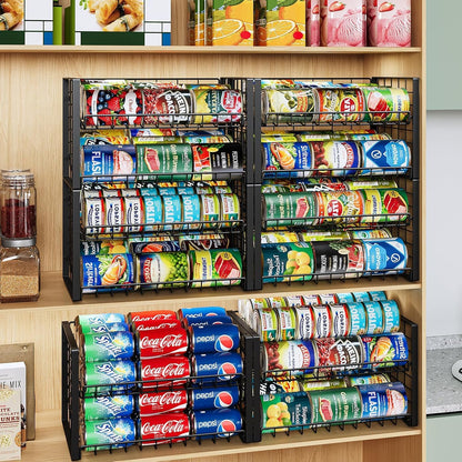 2-Tier Stackable Rack Organizer for Pantry, Adjustable Dispenser Holds Up to 120 Cans, Storage Holder for Various Ounces of Canned Drinks, Black