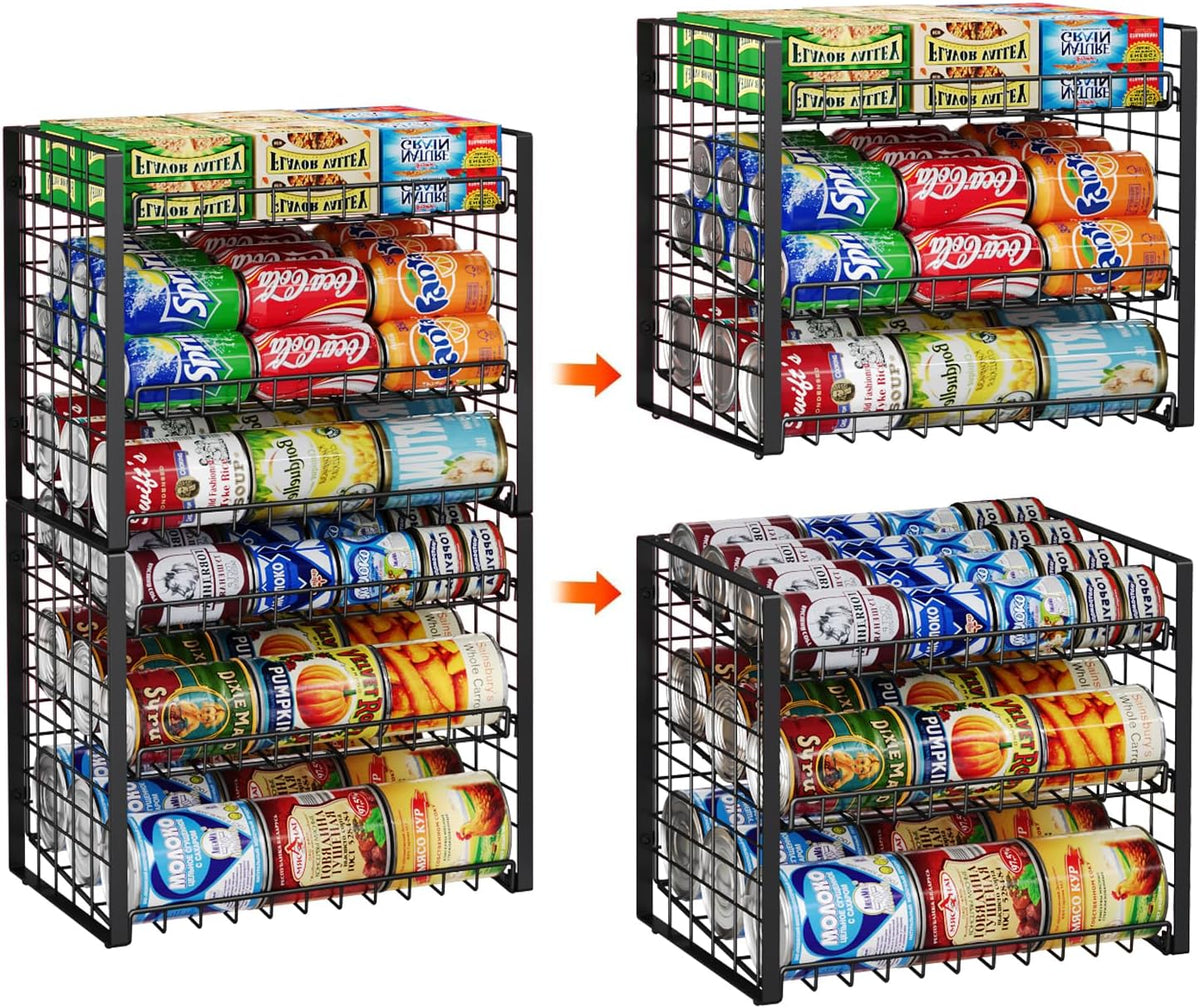 2-Tier Stackable Rack Organizer for Pantry, Adjustable Dispenser Holds Up to 120 Cans, Storage Holder for Various Ounces of Canned Drinks, Black