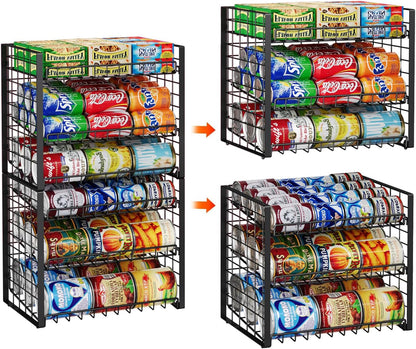 2-Tier Stackable Rack Organizer for Pantry, Adjustable Dispenser Holds Up to 120 Cans, Storage Holder for Various Ounces of Canned Drinks, Black
